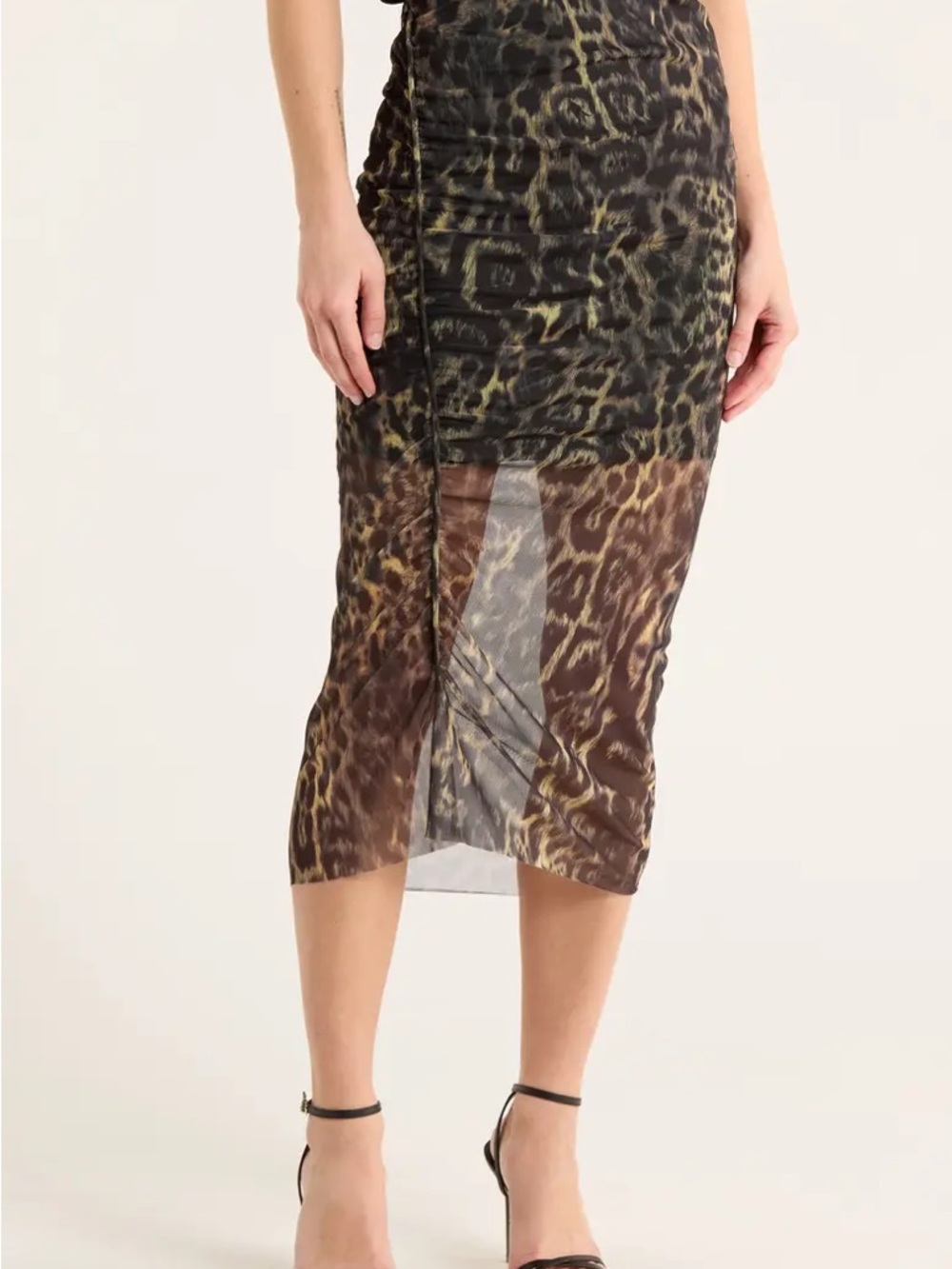 All Saints Nora Leopard Black and Brown Sheer Animal-Print Midi Skirt